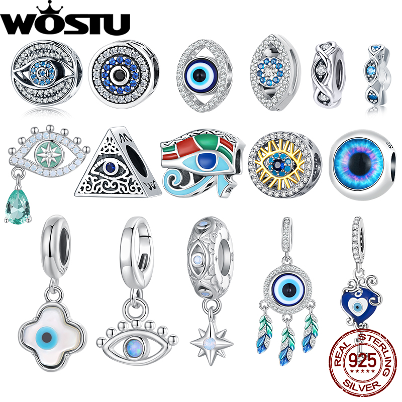 Evil Eye Bracelet - Wostu จี้เงินแท้ 925 รูปใบโคลเวอร์สี่แฉกนำโชคและตาปีศาจ สำหรับผู้หญิง ของขวัญวันเกิด