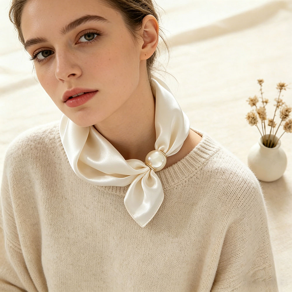 Women Accessories Brands - ผ้าพันคอไหมพรมแบบแม่เหล็กประดับมุกเส้นเล็ก ผ้าพันคอคล้องคอ ผ้าคาดผม ริบบิ้น ผ้าพันคอแฟชั่น แบรนด์หรูสำหรับผู้หญิง