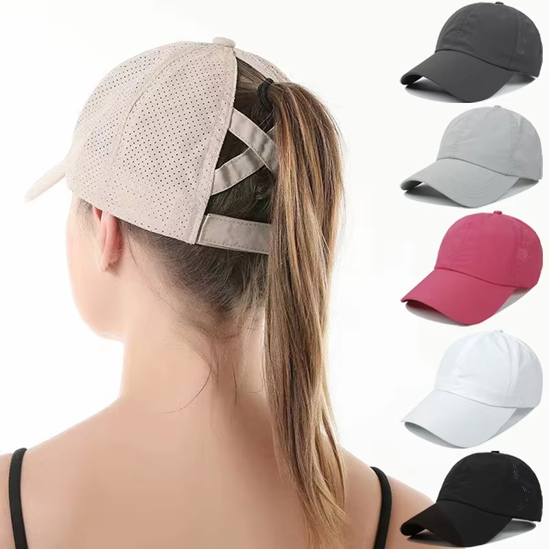 Women'S Golf Accessories - หมวกเบสบอลสีพื้นสำหรับฤดูร้อน หมวกกอล์ฟสำหรับผู้หญิง หมวกกีฬาและพักผ่อน หมวกทรงหางม้าแบบตาข่าย แห้งเร็ว หมวกทรงครึ่งวงกลมแบบโปร่ง