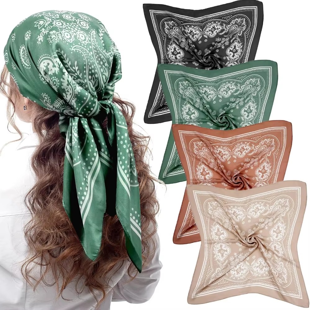 Women Accessories Brands - ผ้าพันคอไหมพิมพ์ลายเพสลีย์สี่เหลี่ยม แบรนด์หรู สำหรับผู้หญิง ผ้าซาติน ผ้าผูกผม ผ้าพันคอเนคไทเนื้อนุ่ม