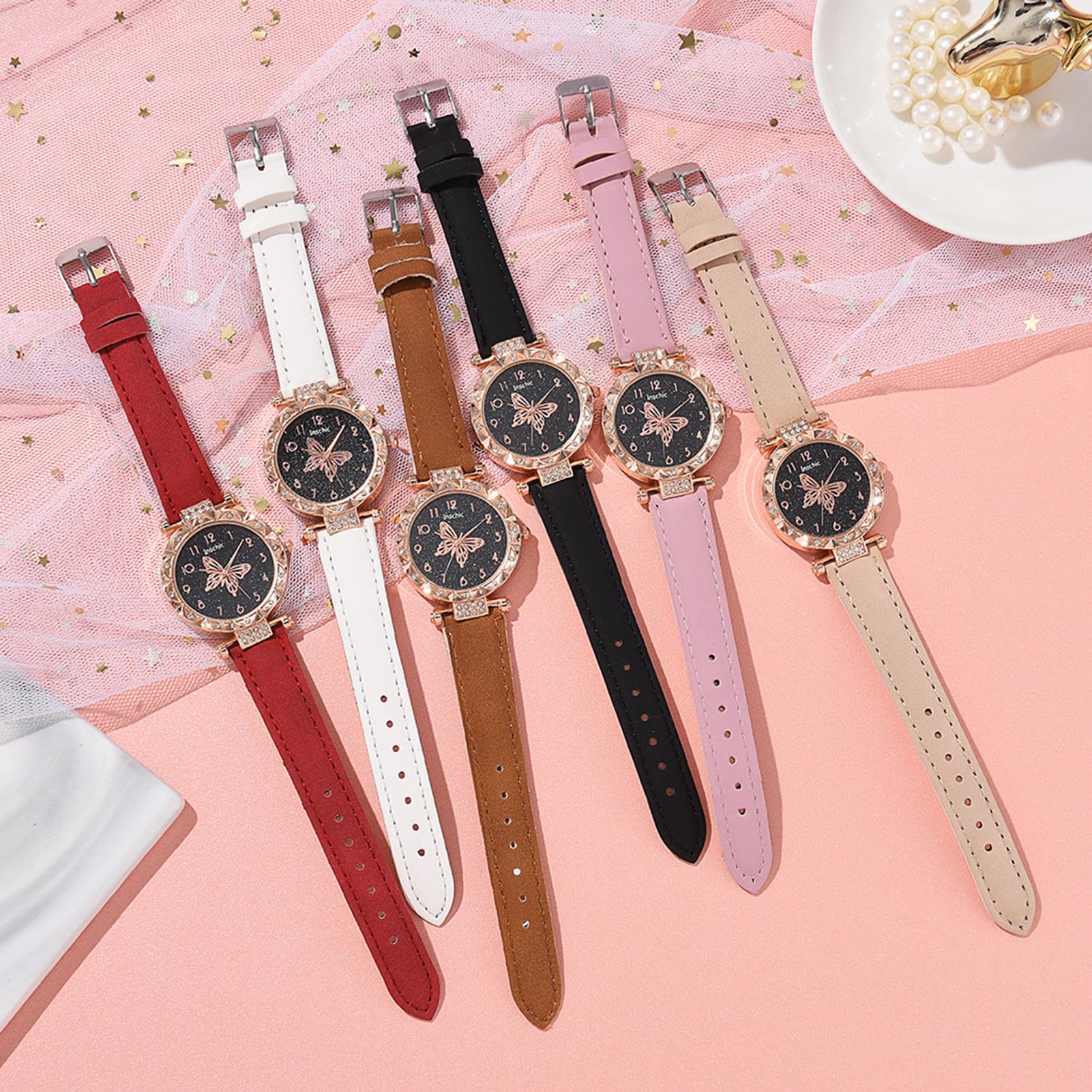Women'S Accessories To Wear With Watch - นาฬิกาข้อมือสำหรับใช้งานประจำวัน หน้าปัดลายผีเสื้อ กันน้ำ ดีไซน์มินิมอล สายหนัง สำหรับผู้หญิง